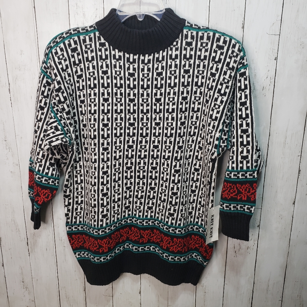 Vintage Deadstock New Knit Knit Black White Ramie Cotton Sweater Size Medium.